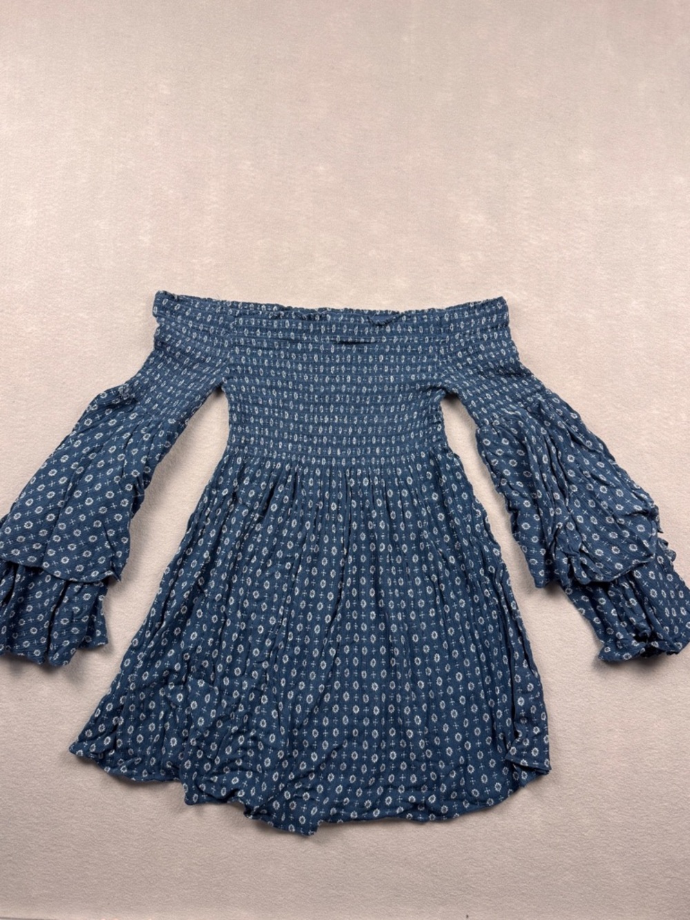 Salt & Soul Navy Blue Off Shoulder Boho Bell Sleeve Smocked Blouse Size Medium